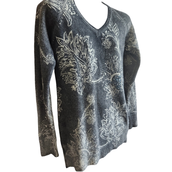 Monte Carlo Boho-glam Knit Gray & White Paisley Sparkly Chic V-Neck Sweater 38 - Picture 6 of 13